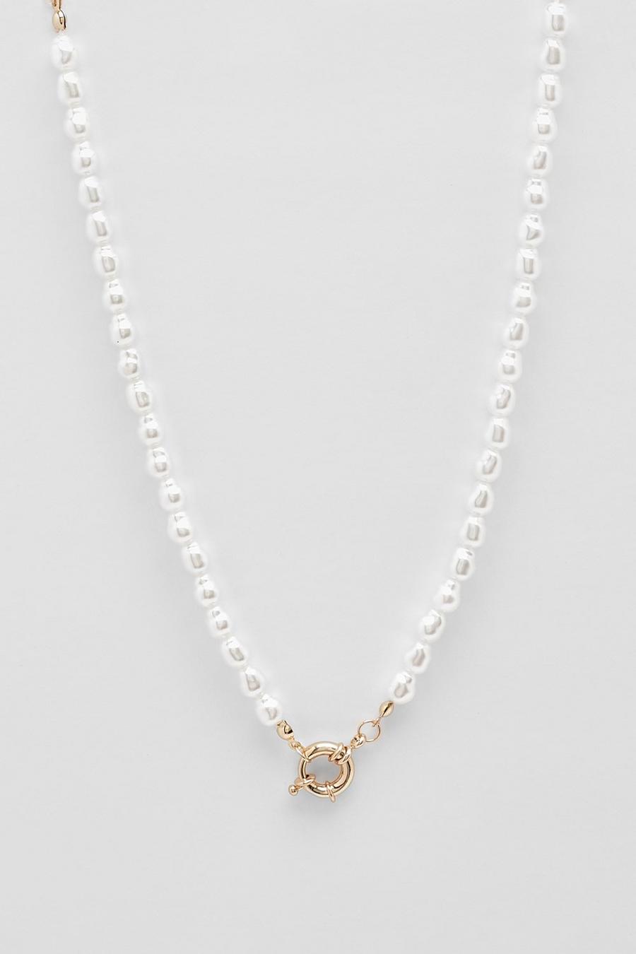 Collana di finte perle con chiusura color oro, White bianco