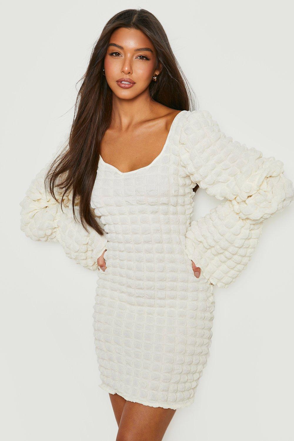 Bubble Fabric Long Sleeve Mini Dress