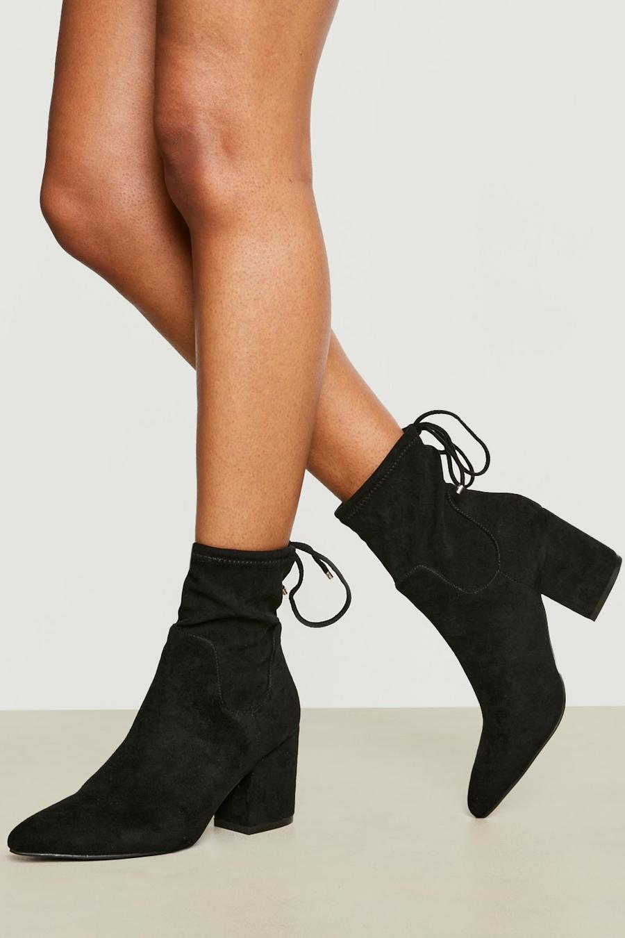 Black svart Block Heel Ankle Tie Sock Boots