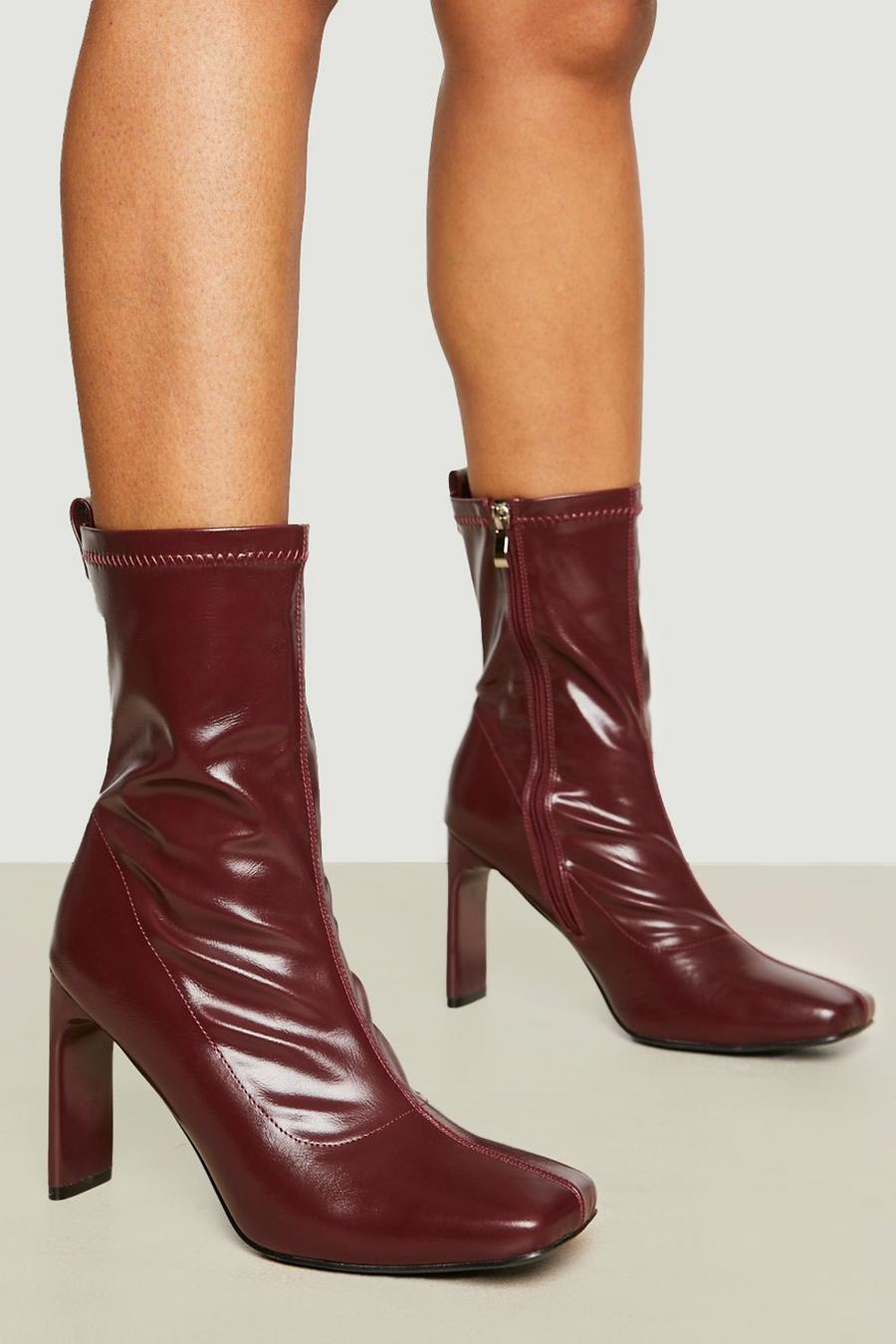 Burgundy rosso Wide Fit Flat Heel Square Toe Sock Boots
