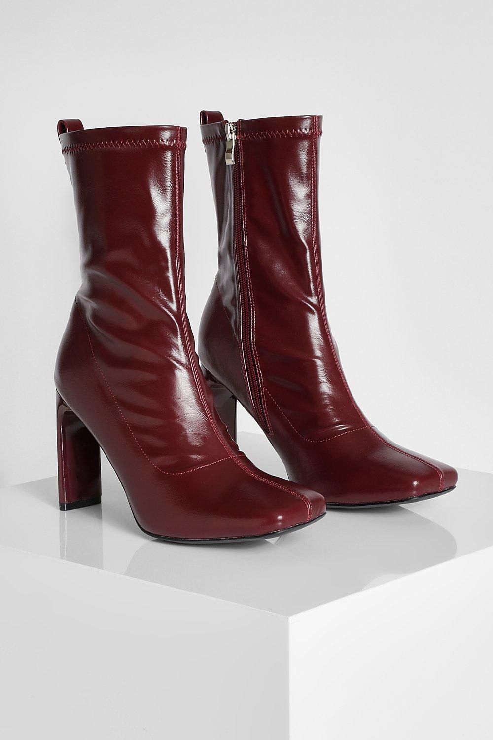 Sassy Patent Leather Square Toe Platform Sock Boots - Red – Luxedress