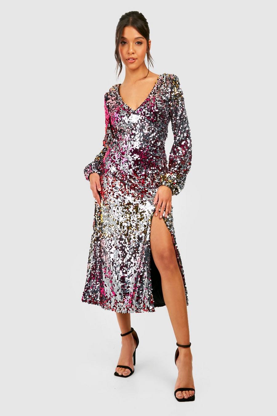 Pink Ombre Sequin Split Plunge Midaxi Party Dress image number 1