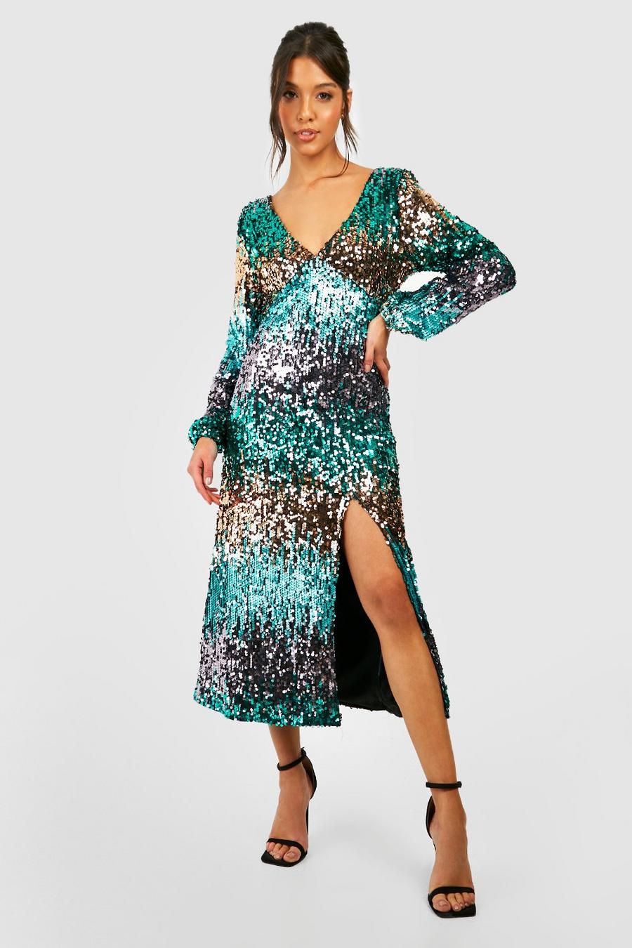 Teal green Ombre Sequin Split Plunge Midaxi Party Dress