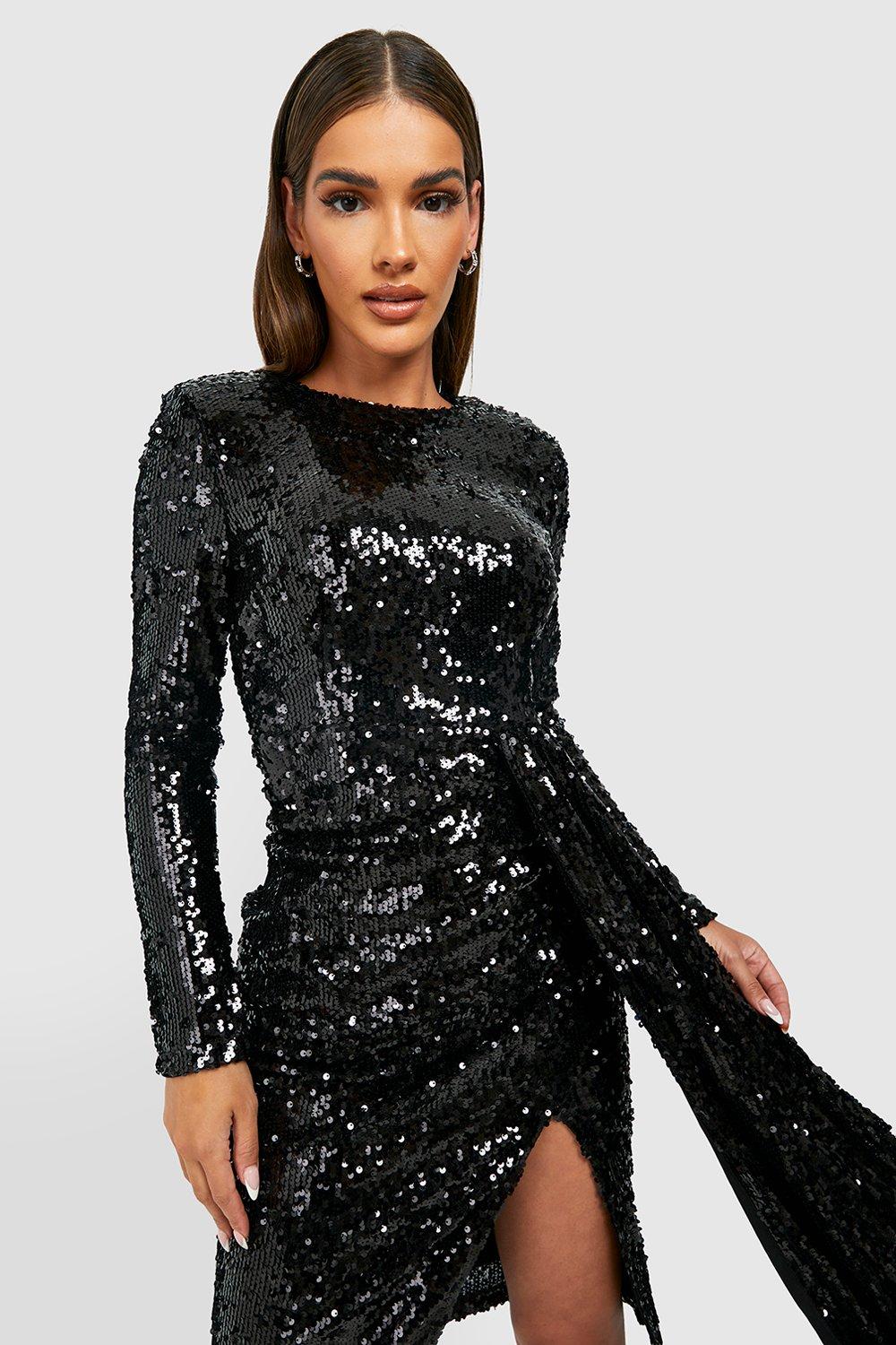 Stripes binding long outlet sleeve sequin party dress