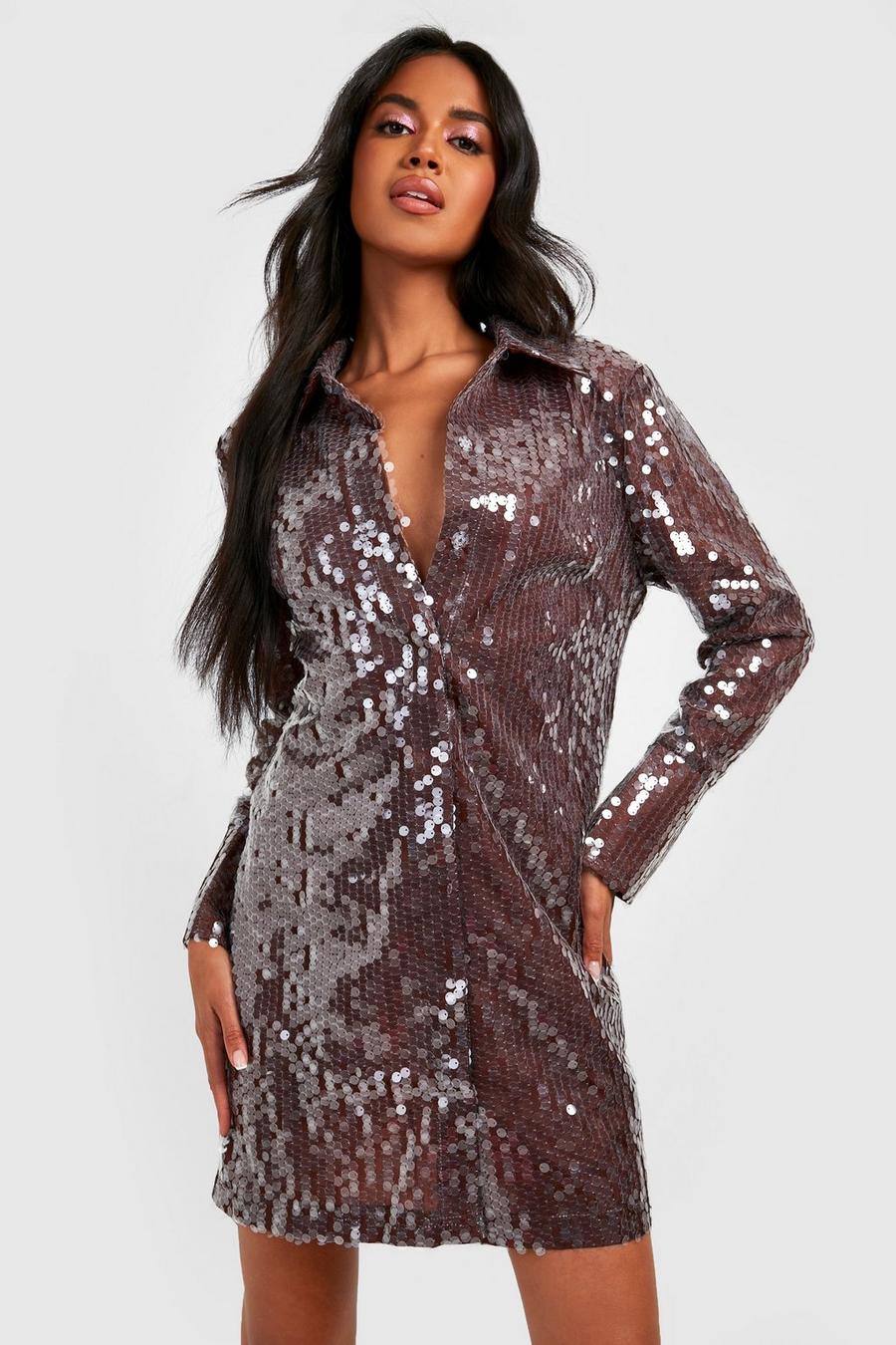 Chocolate Sequin Split Cuff Power Shoulder Shirt Party Dress image number 1