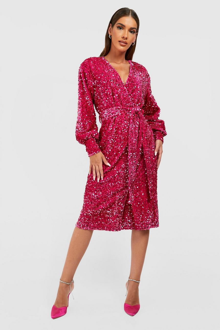 Bright pink Sequin Wrap Belted Midi Party Dress image number 1