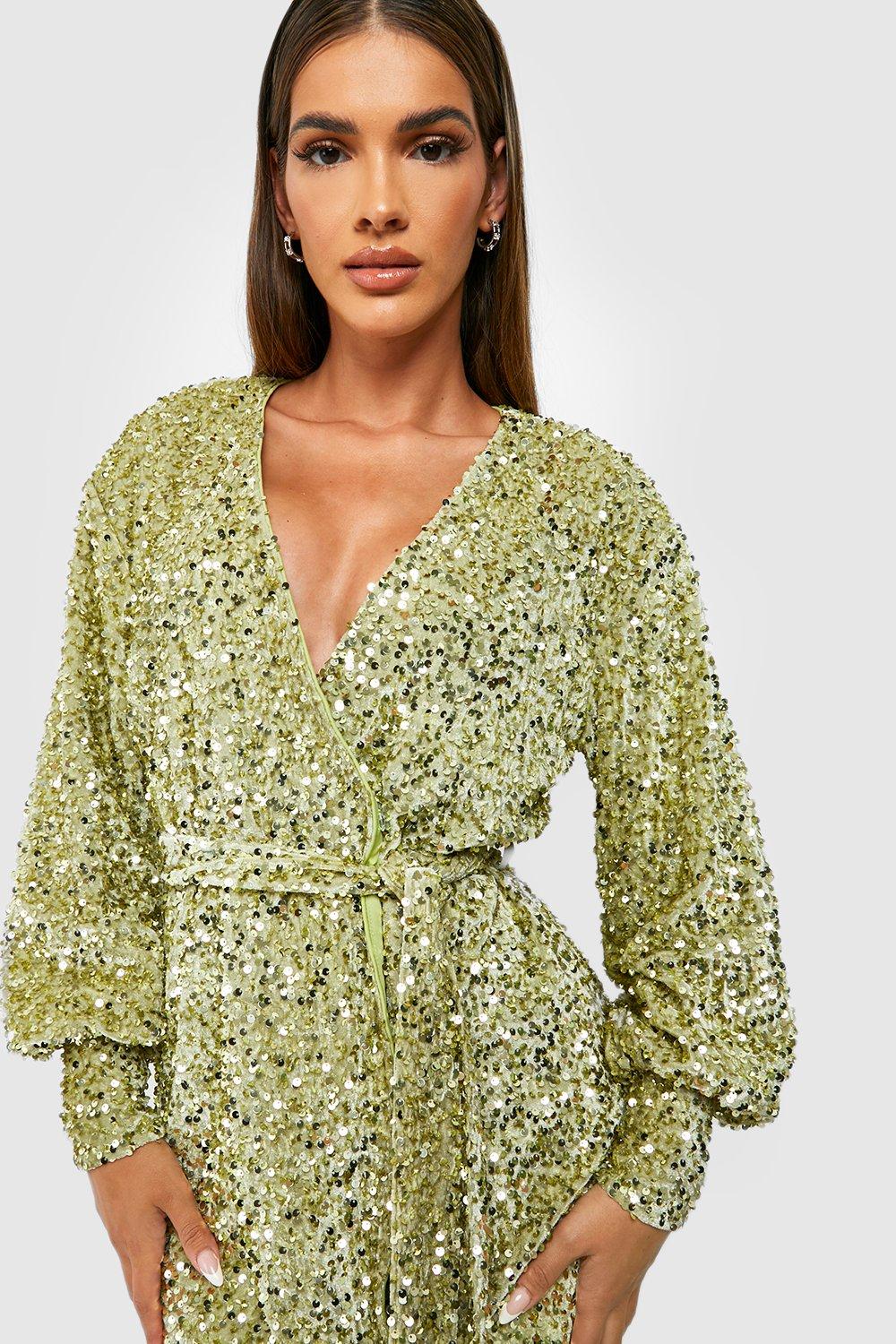 Boohoo sequin wrap dress hotsell