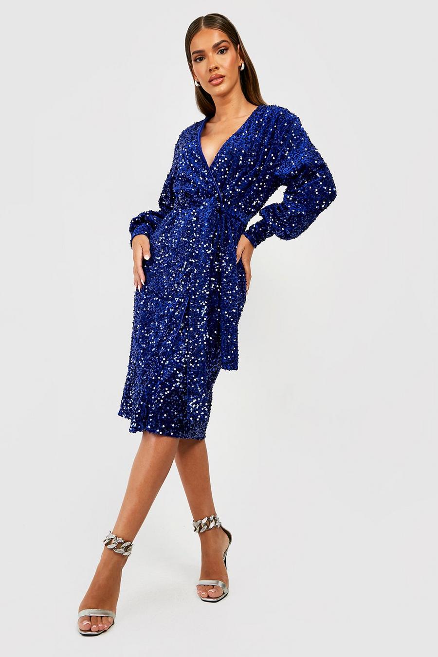 Navy Sequin Wrap Belted Midi Party Dress image number 1
