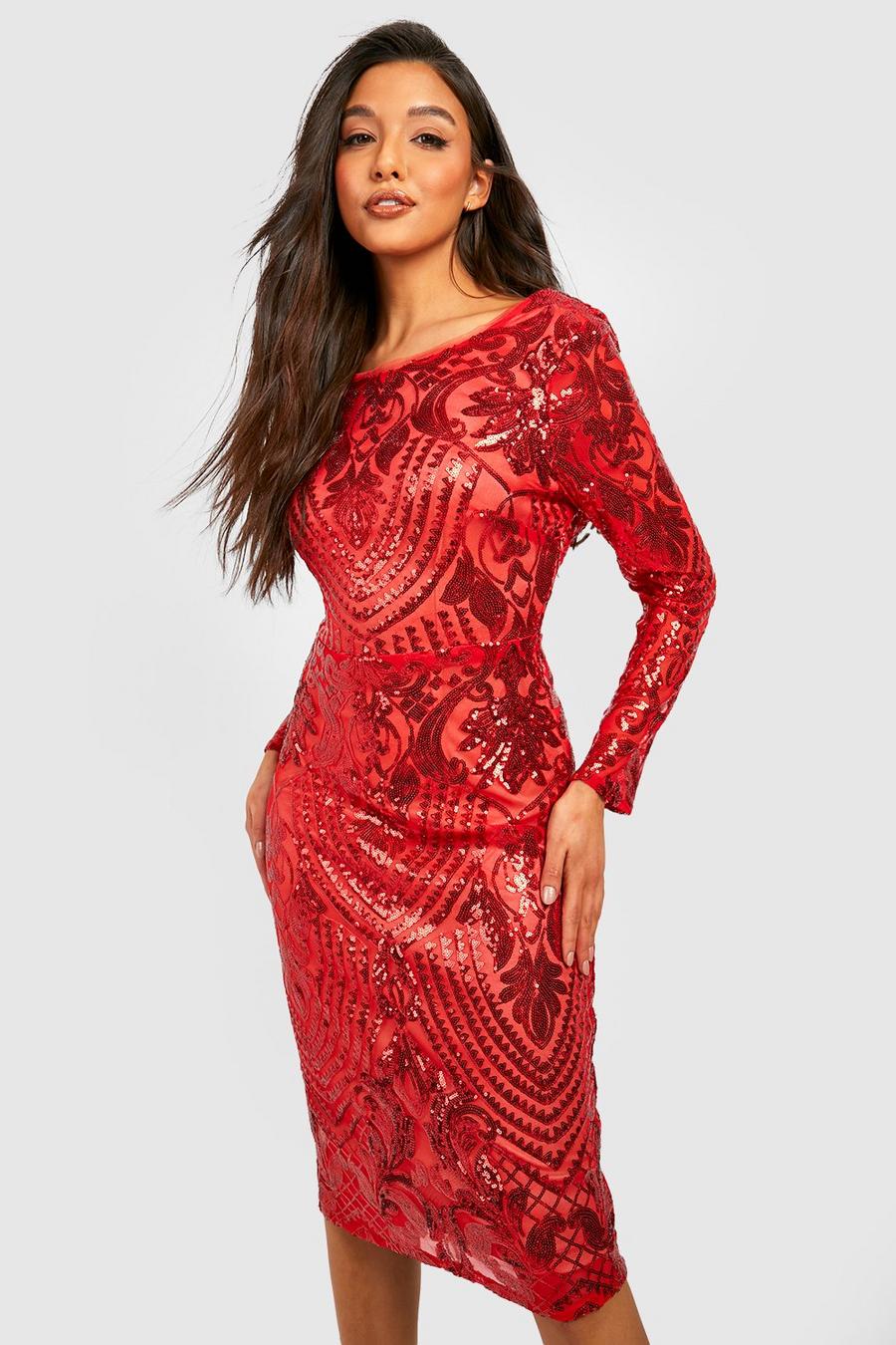 Red שמלת מידי למסיבות מבד דמשק עם פייטים ומחשוף גב נשפך