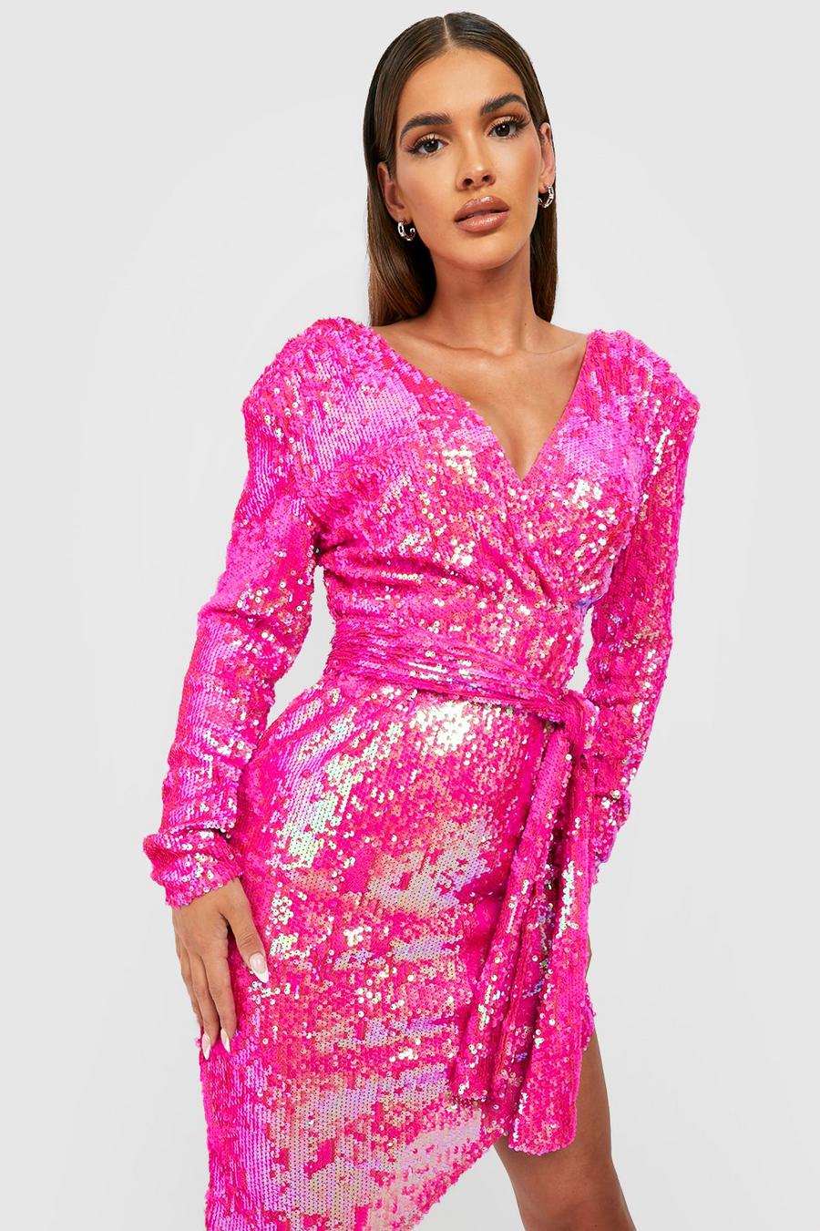 Hot pink Sequin Plunge Draped Midi Party Dress image number 1