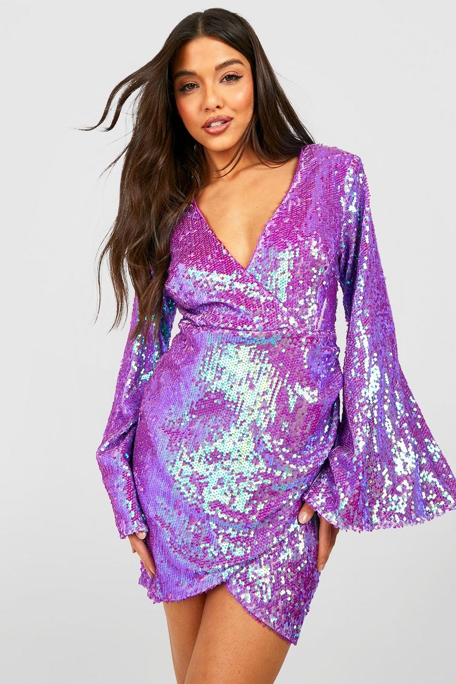 Purple Two Tone Sequin Wrap Mini Party Dress image number 1