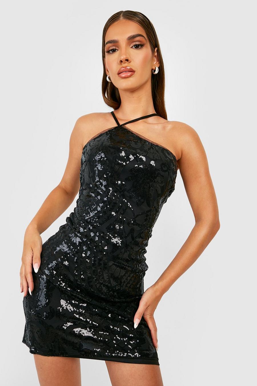 Black Sequin Damask Strappy Asymmetric Mini Party Dress image number 1