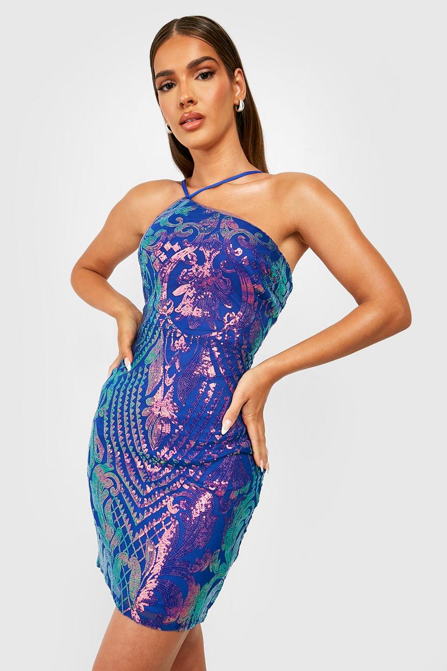 Cobalt Sequin Damask Strappy Asymmetric Mini Party Dress image number 1