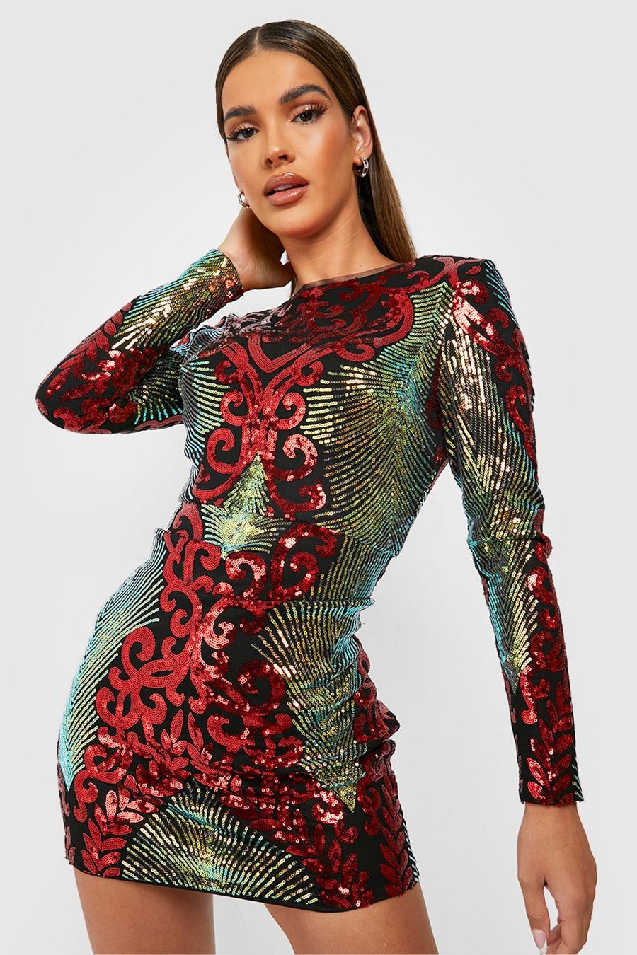 Red Sequin Damask Scoop Back Mini Party Dress