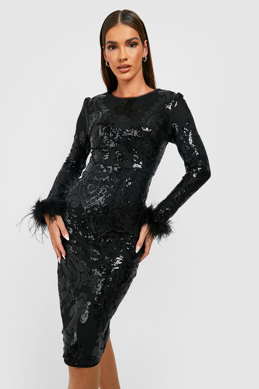 Black Sequin Damask Feather Cuff Midi Party Dress image number 1