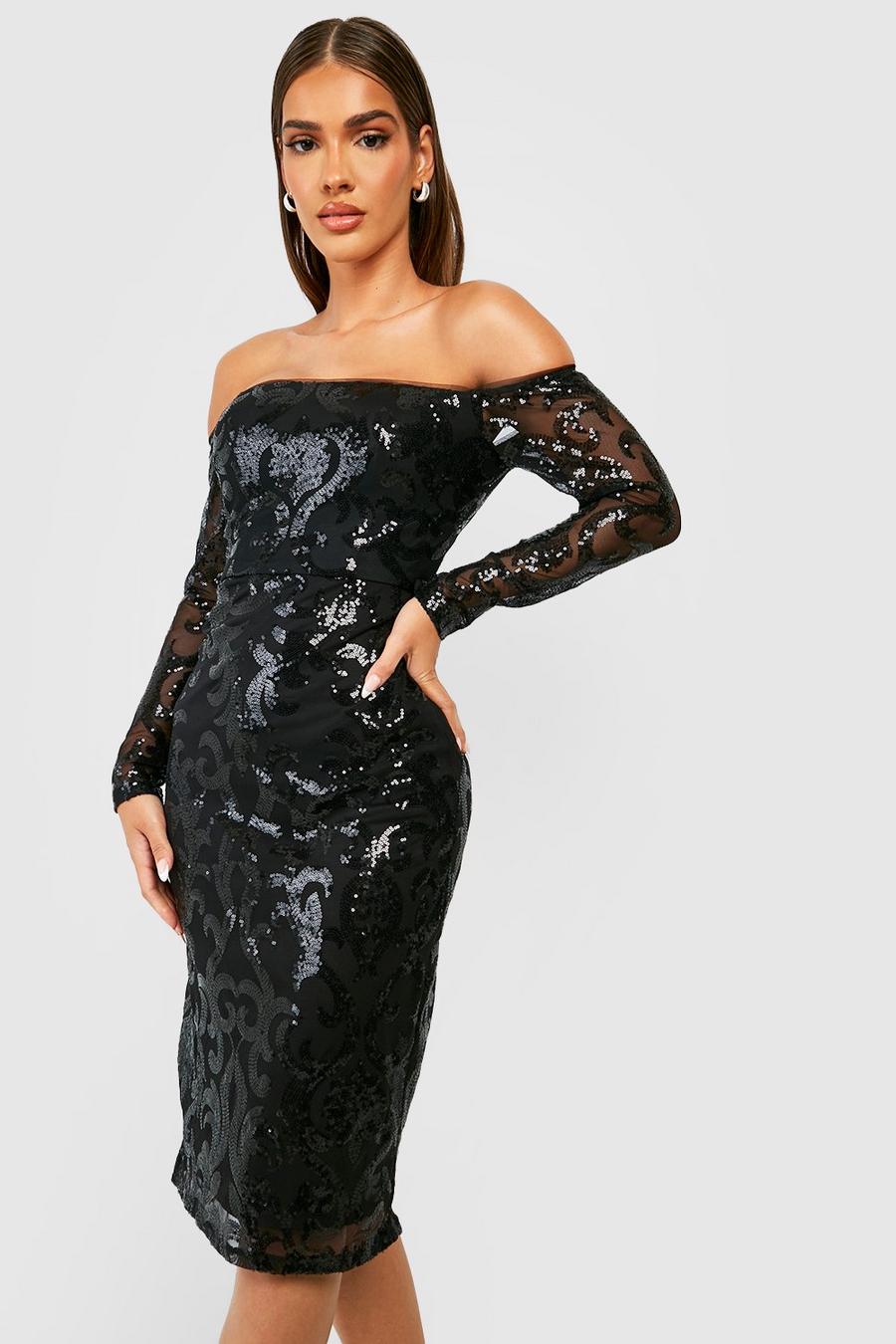 Black Sequin Damask Off The Shoulder Midi Party Dress