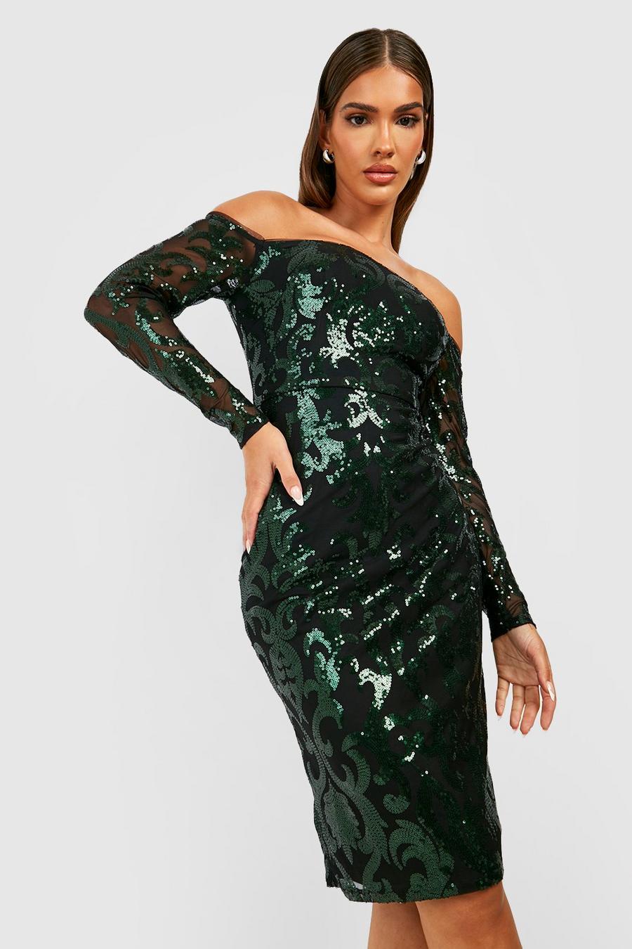 Emerald green Sequin Damask Off The Shoulder Midi Party Dress image number 1