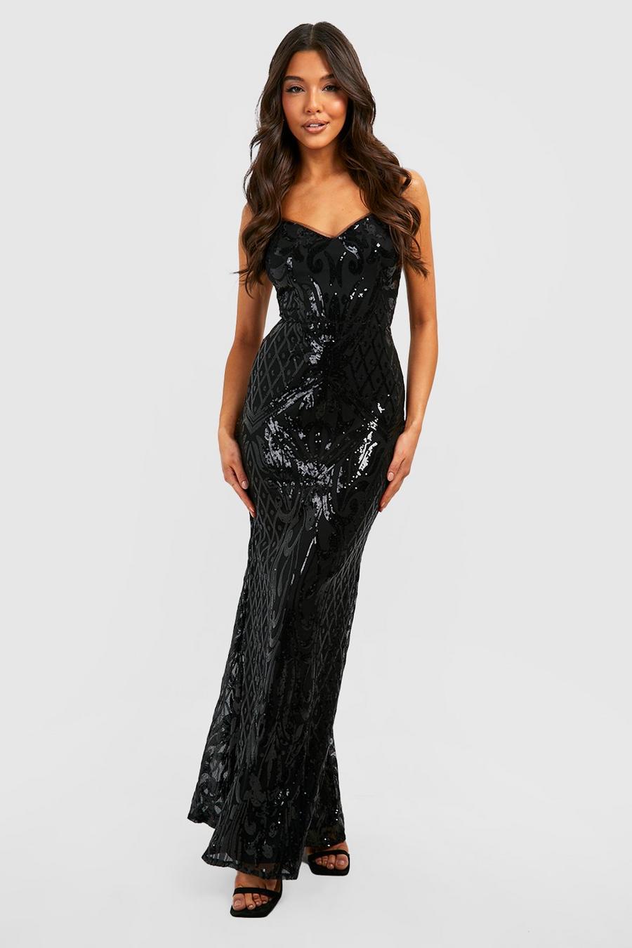 Black Sequin Damask Open Back Fishtail Maxi Party Dress image number 1