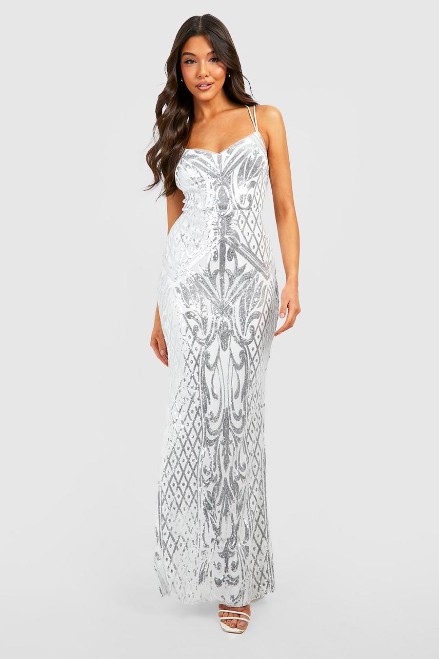 Silver Sequin Damask Open Back Fishtail Maxi Party Dress