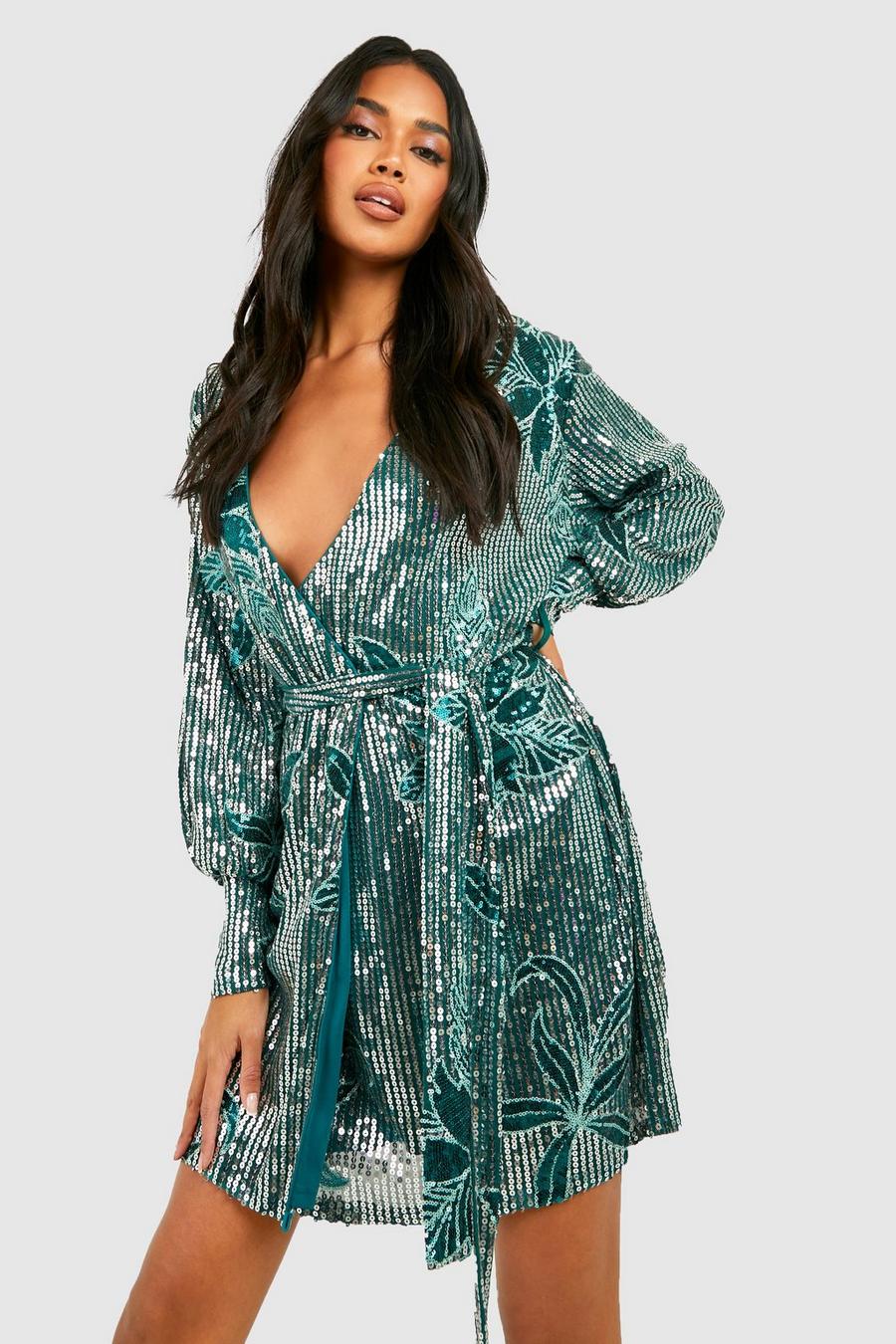 Green Floral Sequin Tie Wrap Mini Party Dress image number 1