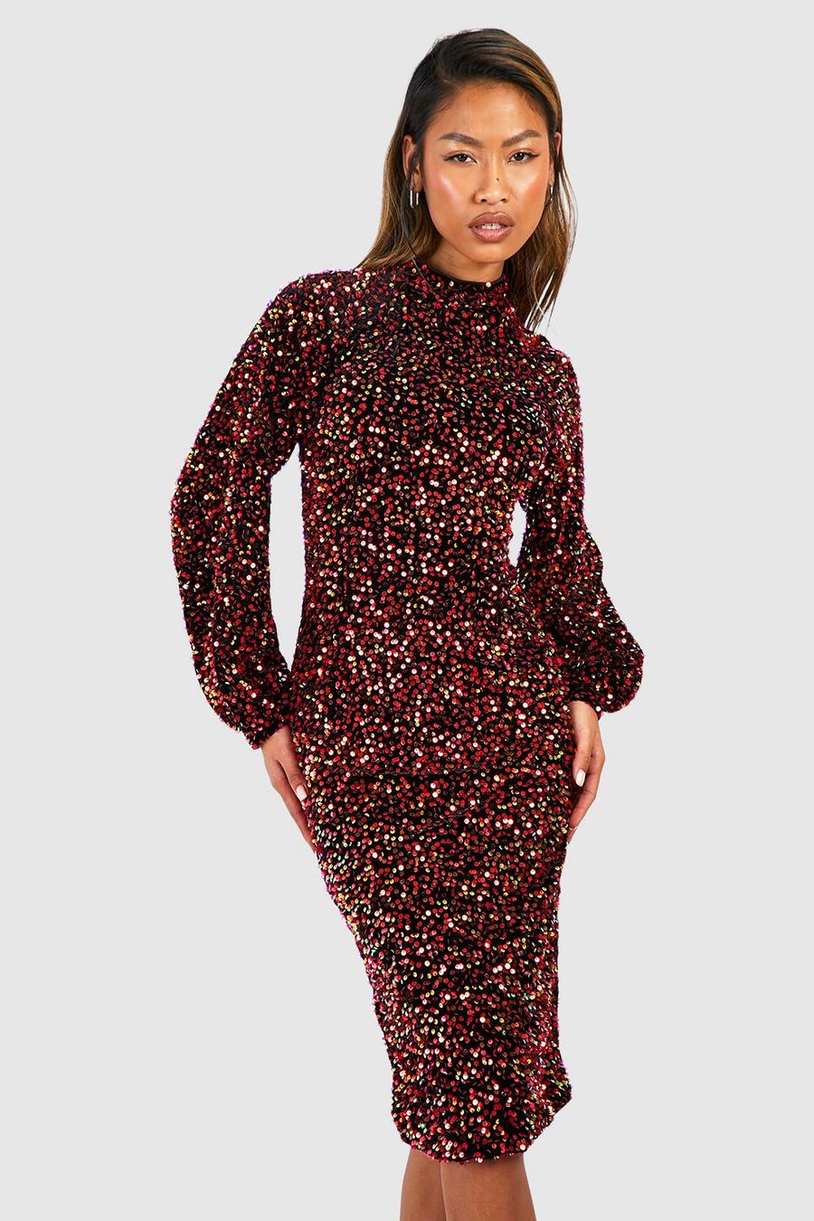 Berry Velvet Sequin High Neck Midi Party Dress image number 1