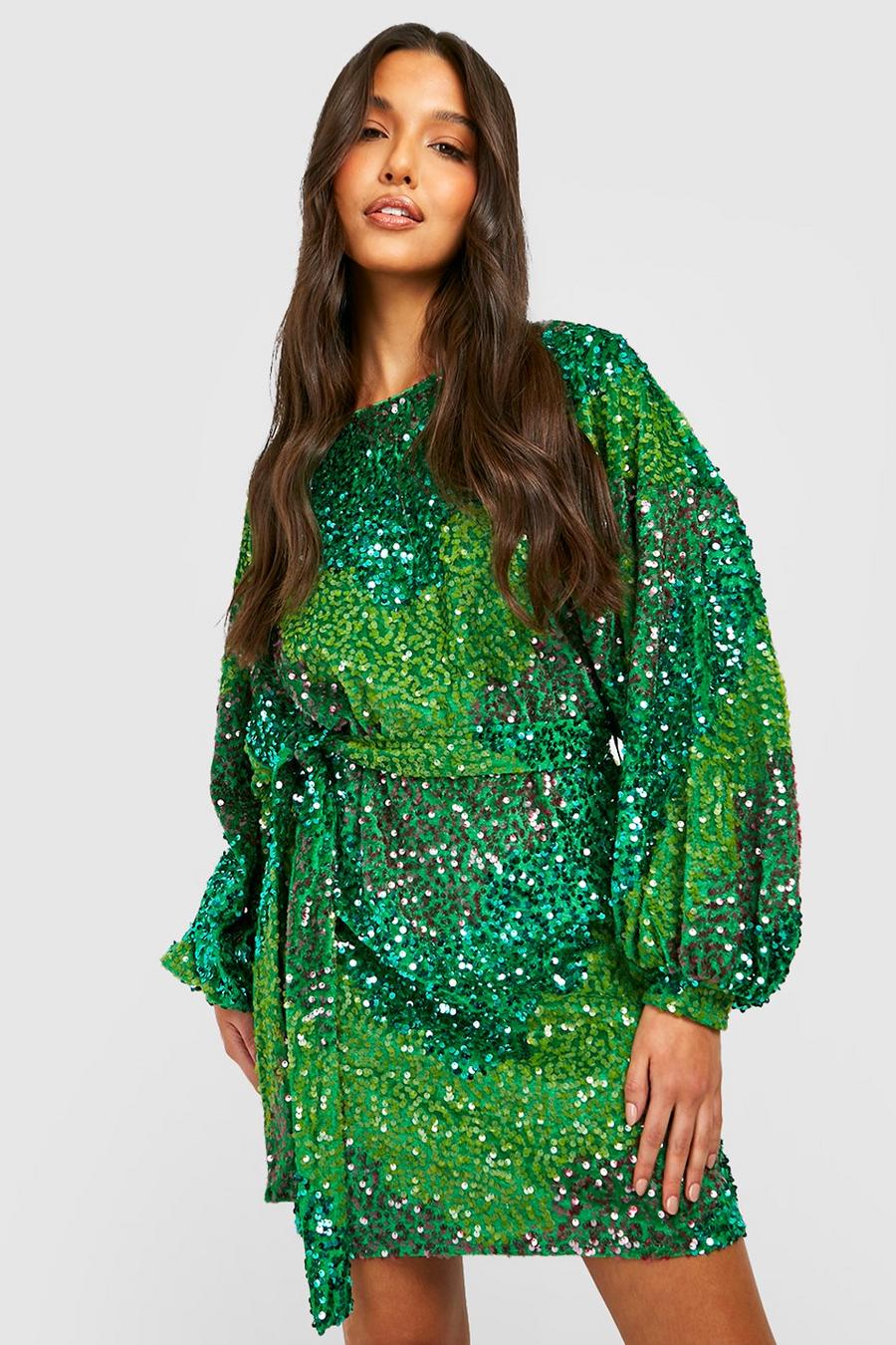 Green Panelled Sequin Belted Mini Party Dress