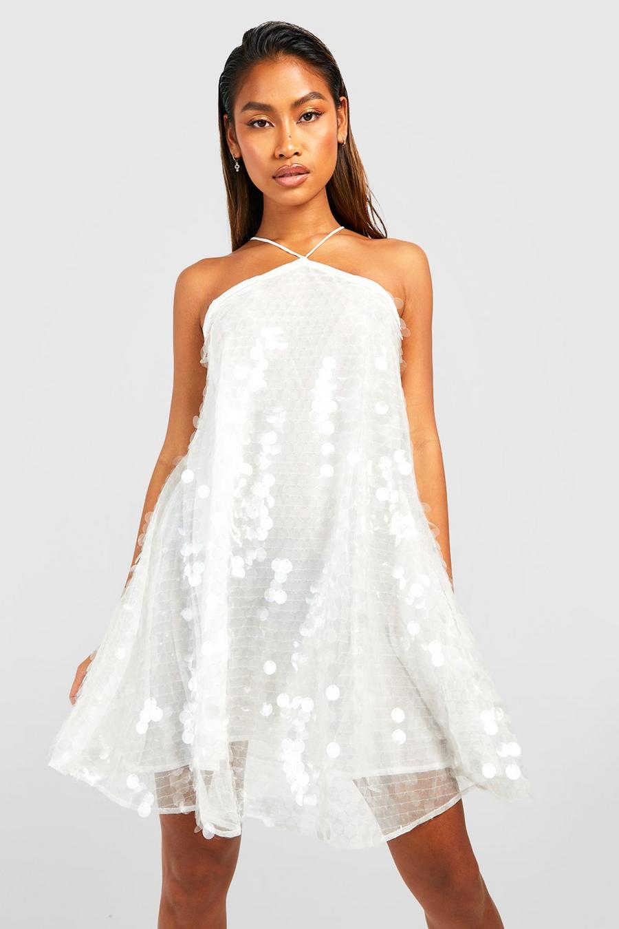 White blanc Disc Sequin Halterneck Swing Party Dress