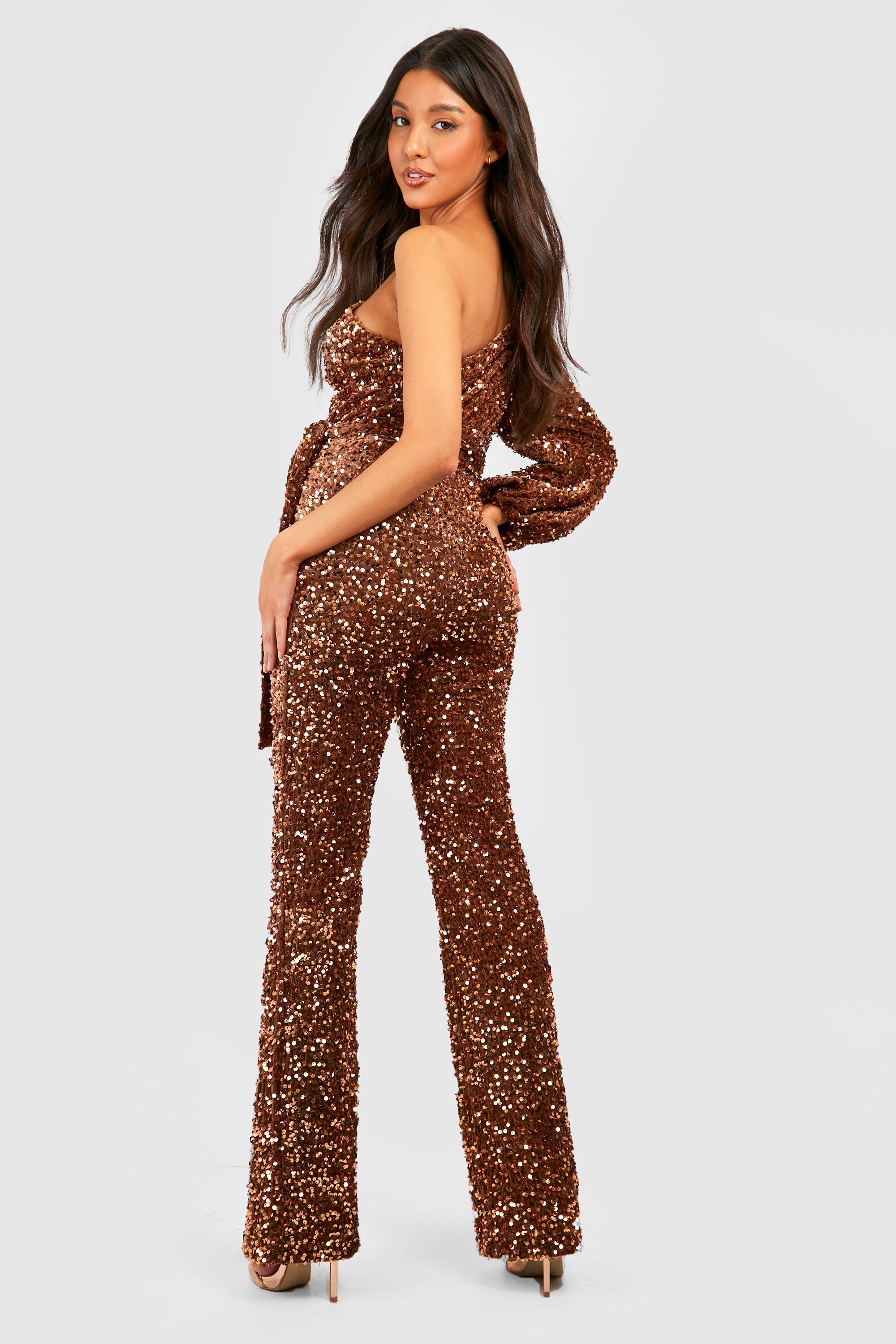 Velvet Sequin Puff Sleeve Jumpsuit