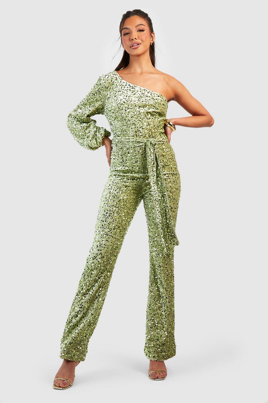 Green Velvet Sequin Puff Sleeve Jumpsuit image number 1