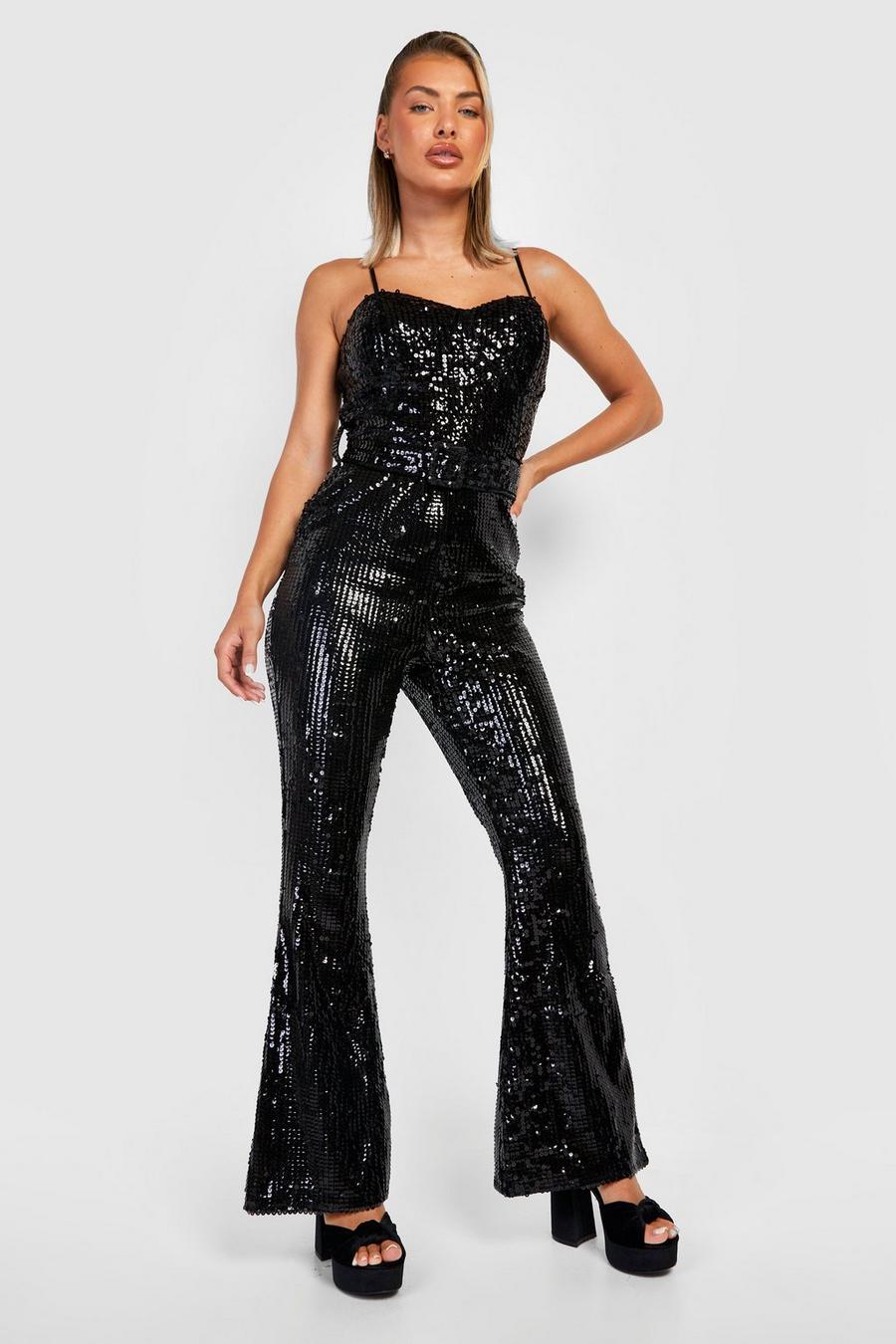 Black schwarz Flared Glitter Jumpsuit Met Pailletten image number 1