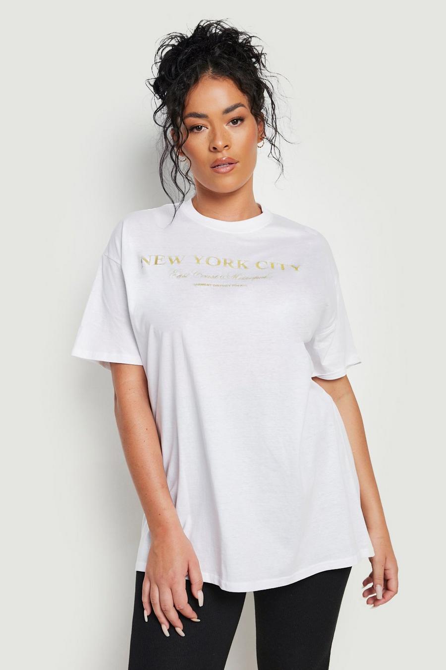 Plus Oversize T-Shirt mit New York Print, White