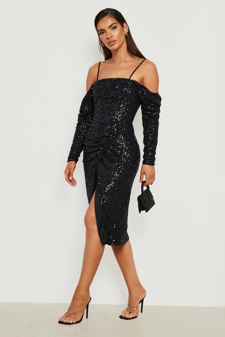Black Sequin Open Shoulder Wrap Midi Party Dress