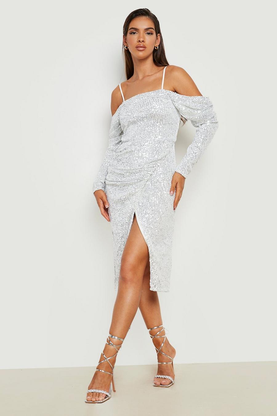 Silver Sequin Open Shoulder Wrap Midi Party Dress