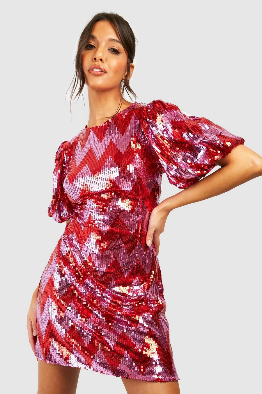 Red Sequin Zig Zag Puff Sleeve Shift Party Dress