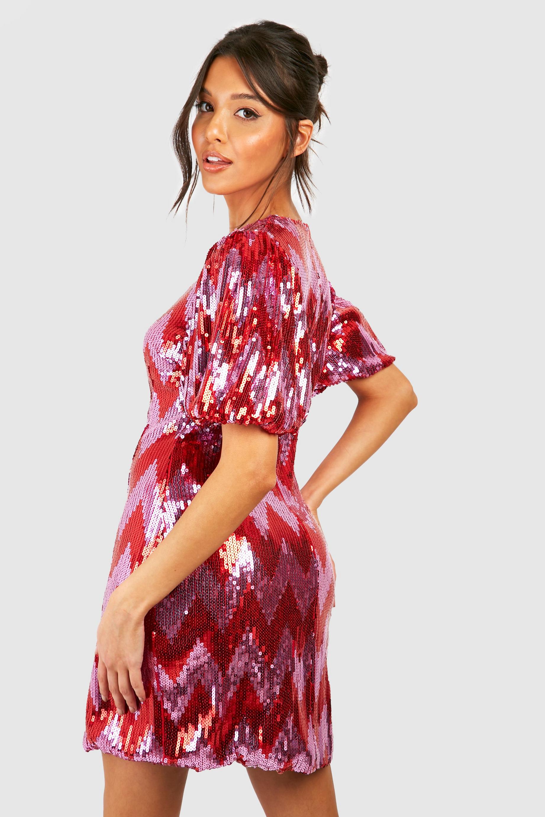 Sequin Zig Zag Puff Sleeve Shift Party Dress