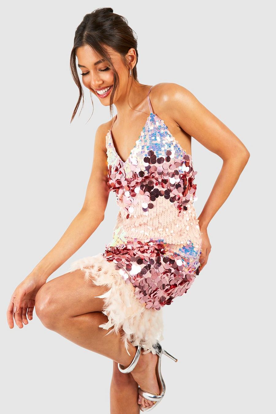 Ombre Sequin Feather Slip Party Dress