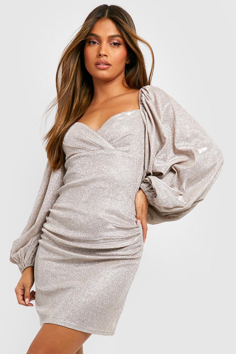 Champagne Glitter Puff Sleeve Mini Party Dress image number 1