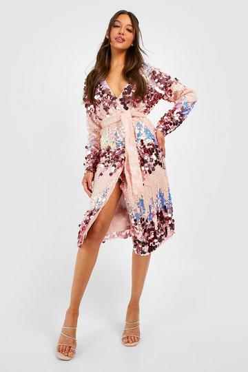 Sequin Ombre Wrap Midi Party Dress blush