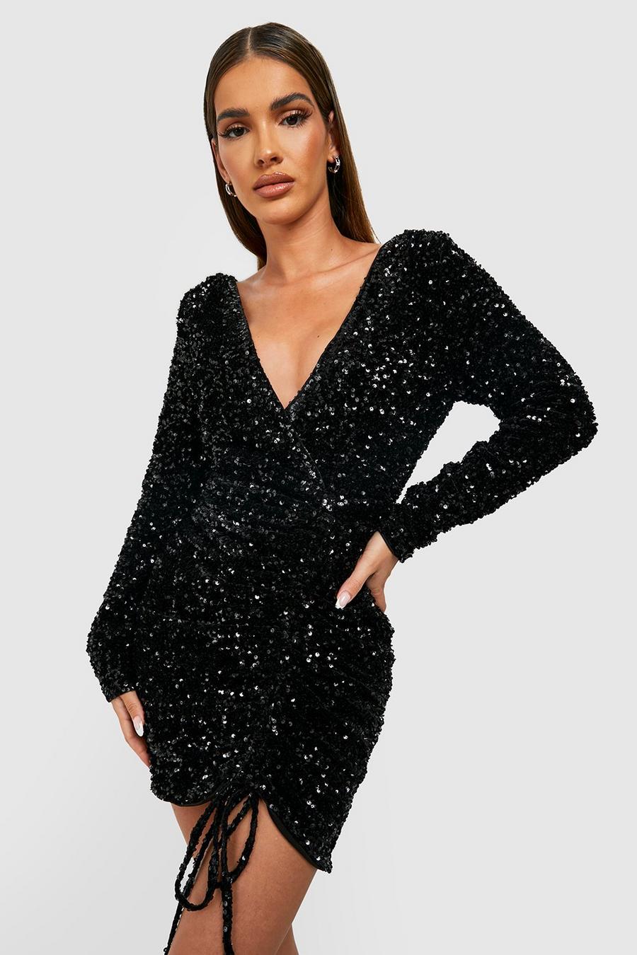 Black Sequin Ruched Wrap Party Dress