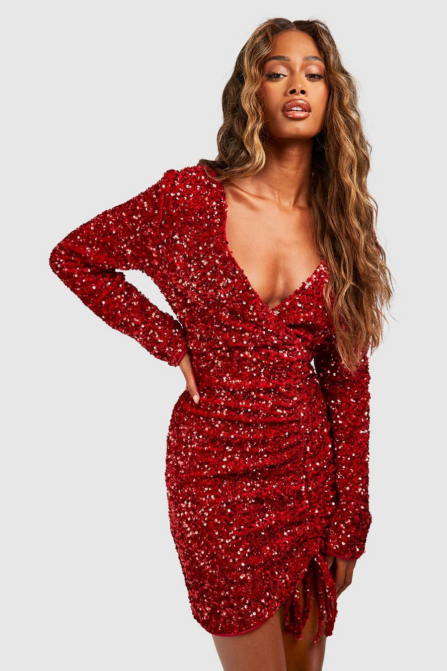 Red Sequin Ruched Wrap Party Dress  image number 1