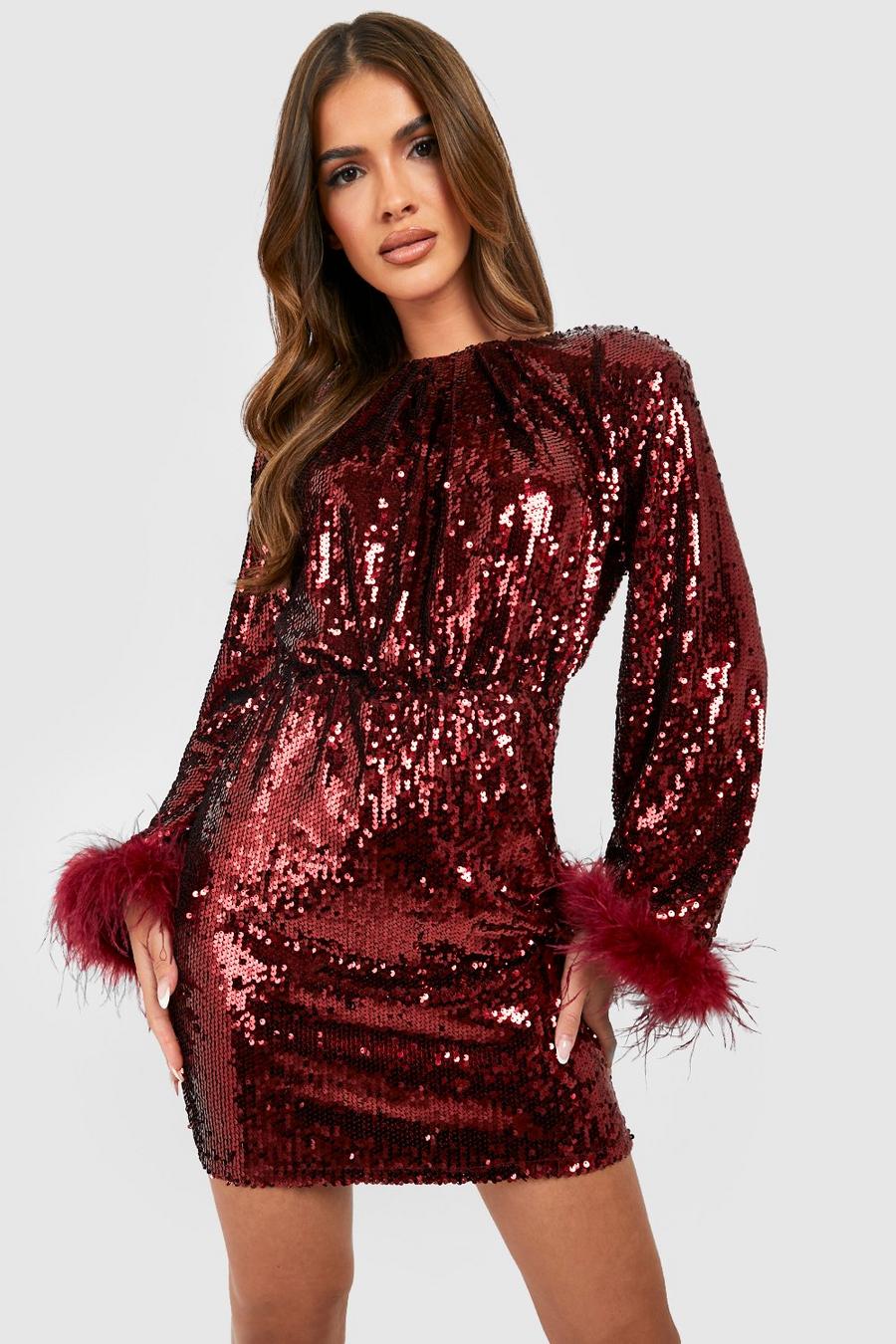 Berry Sequin Feather Cuff Shift Party Dress image number 1