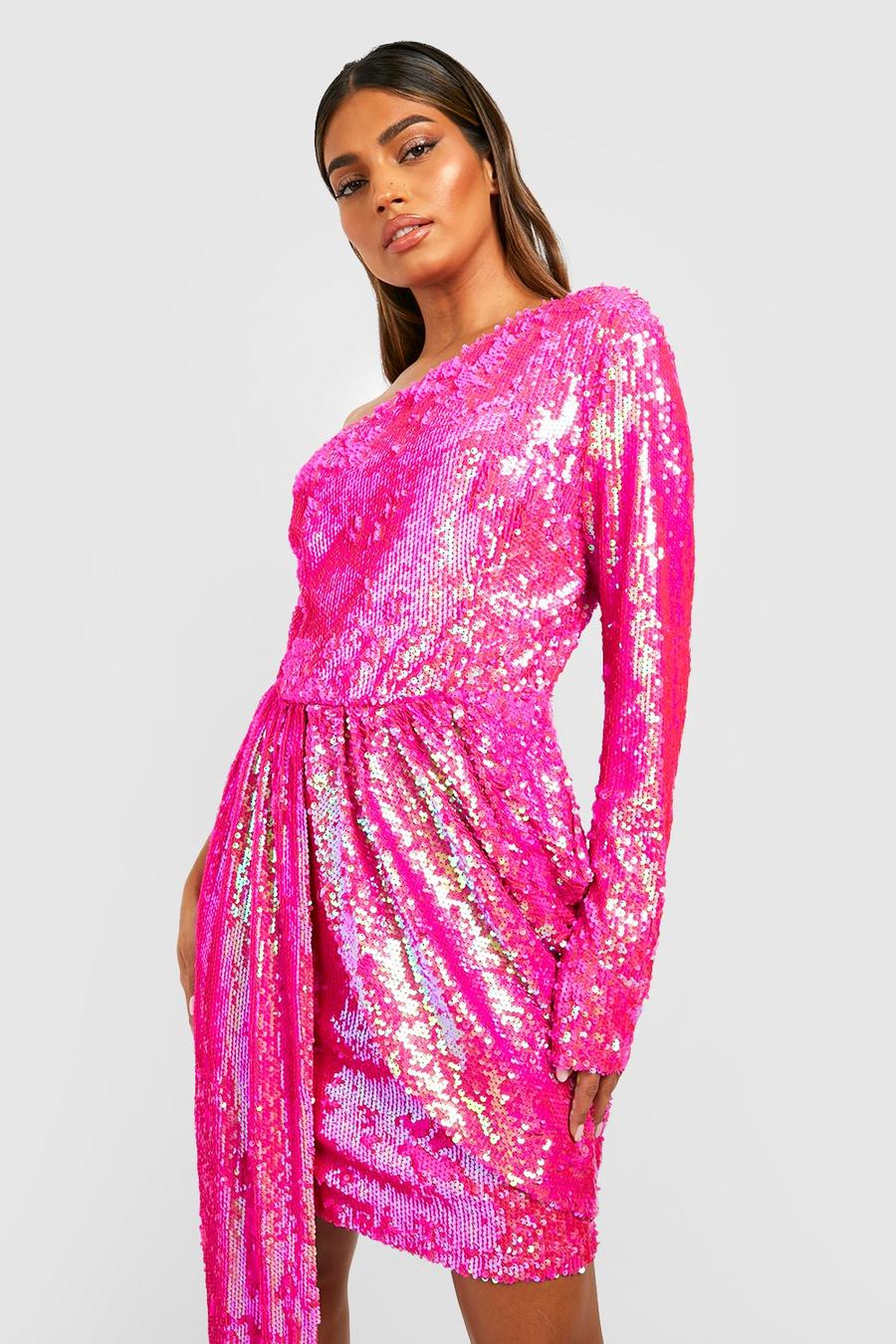 Bright pink Kort one shoulder-klänning med paljetter image number 1