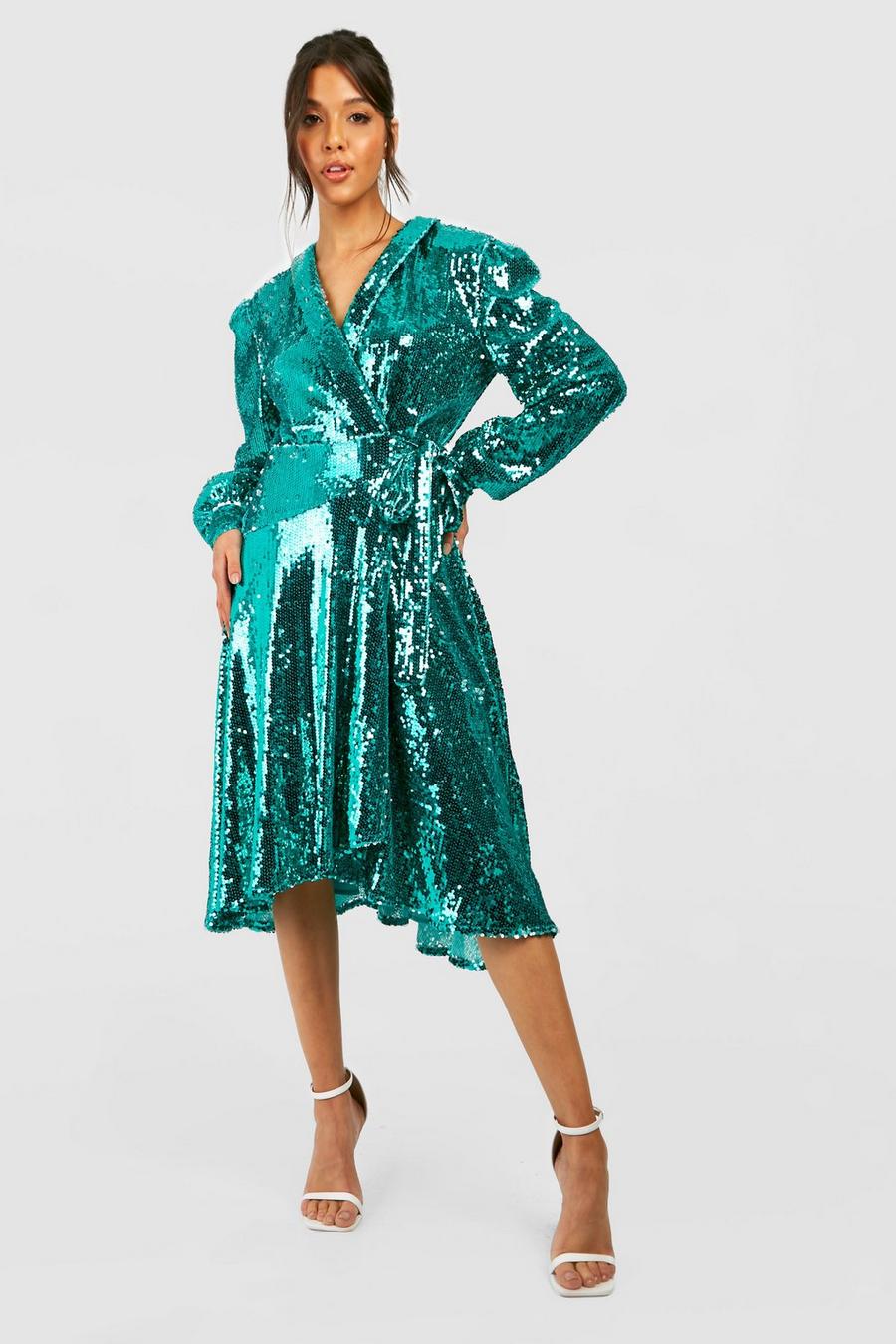 Green Sequin Wrap Midi Party Dress 