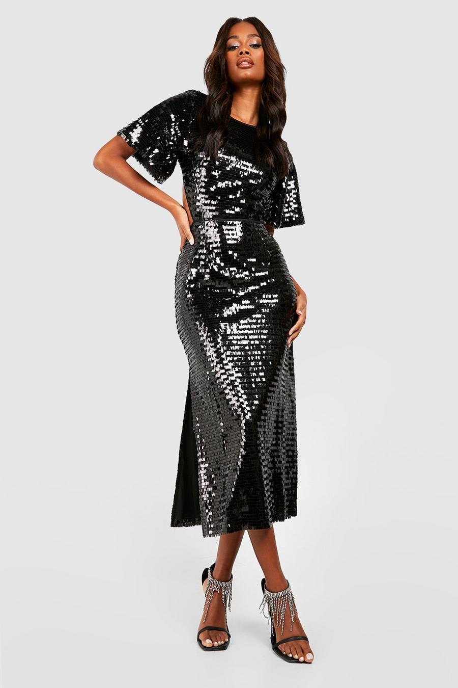 Black Sequin Angel Sleeve Cut Out Midi Party Dress image number 1