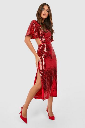 Sequin Angel Sleeve Cut Out Midi Party Dress red