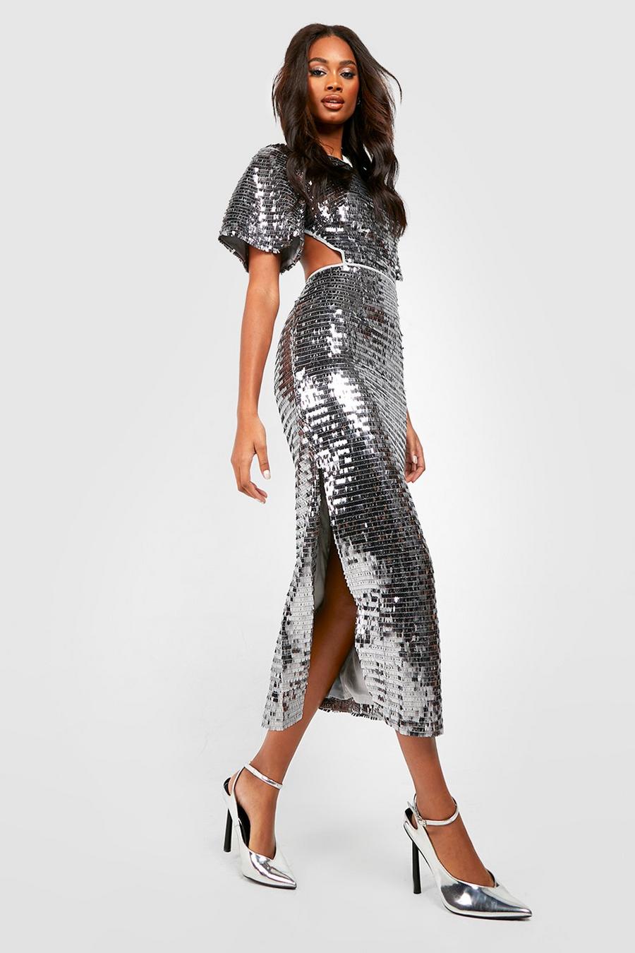 Silver Sequin Angel Sleeve Cut Out Midi Party Dress image number 1