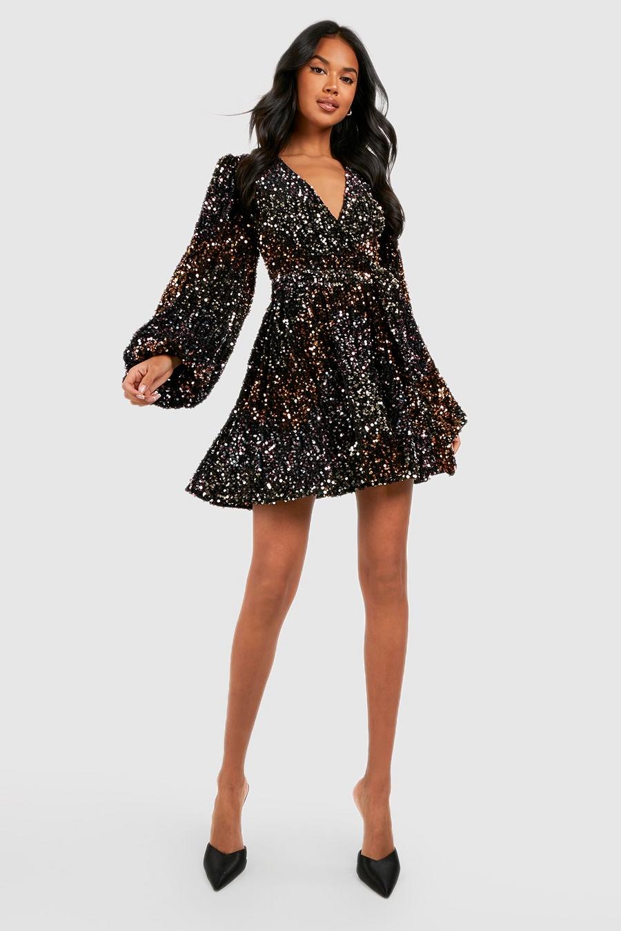 Black Glittrig klänning med paljetter och blusärm image number 1