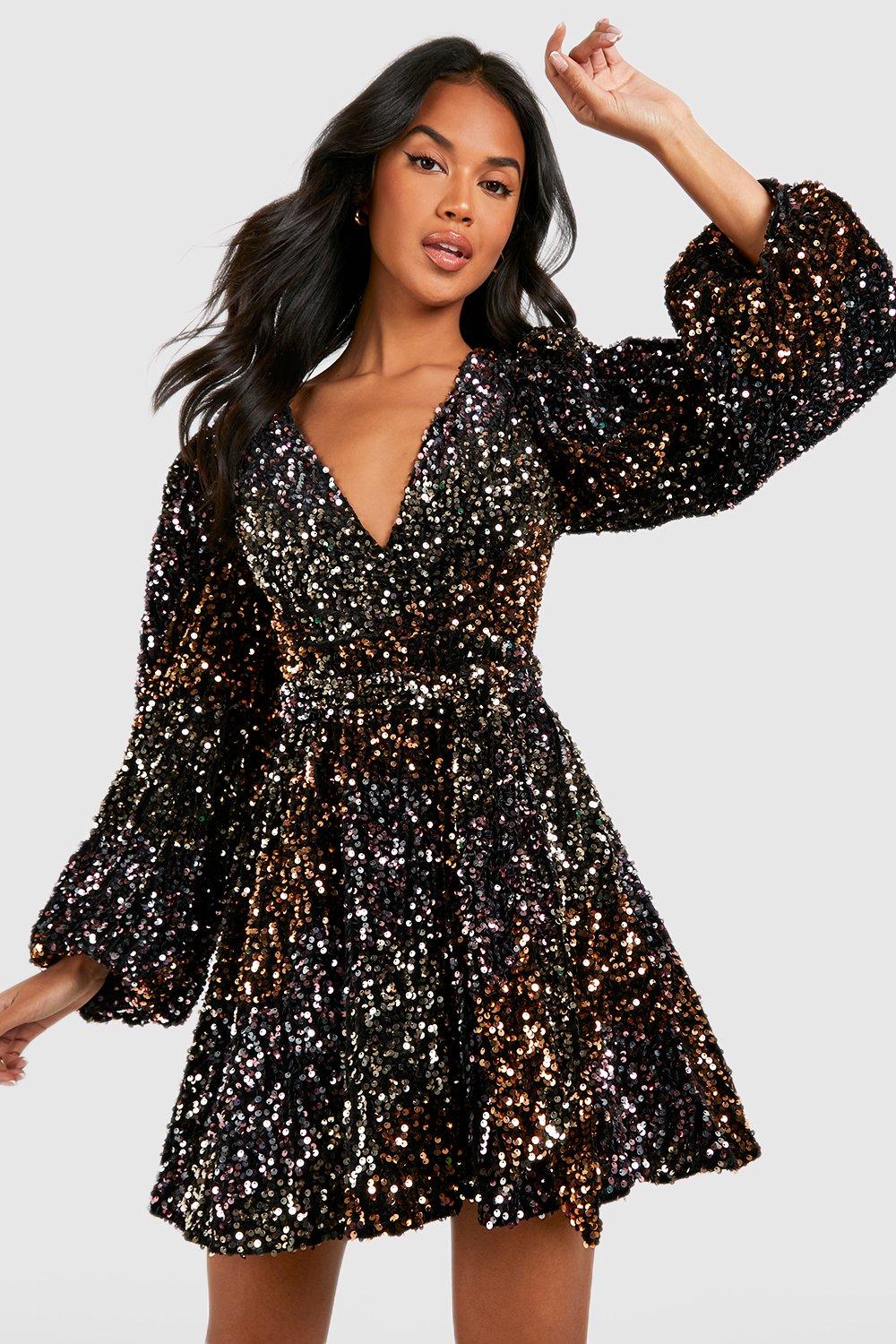 Rainbow Sequin Blouson Sleeve Skater Party Dress