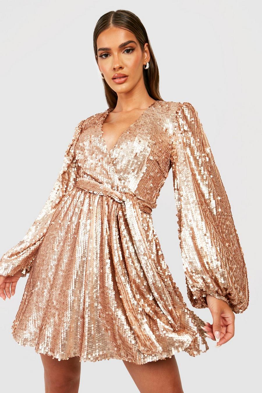 Gold Sequin Extreme Blouson Sleeve Skater Party Dress image number 1