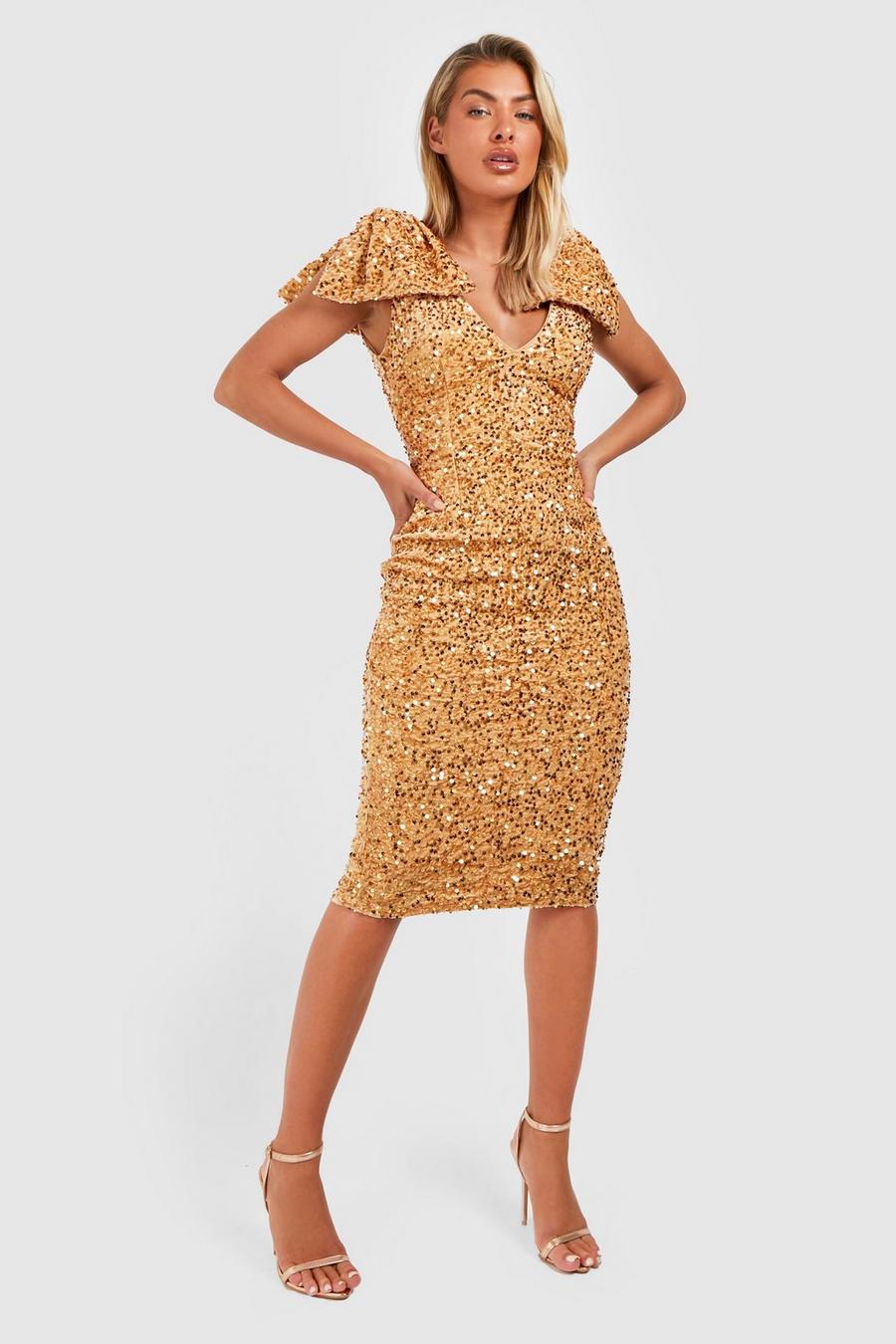 Gold Sequin Bow Shoulder Midi Party Dress  image number 1